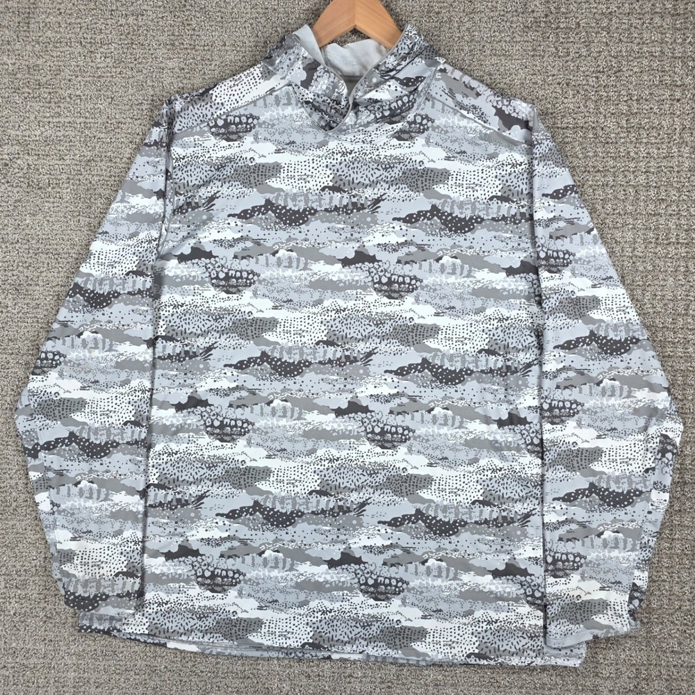 Simms SolarFlex Hoody Mens 2XL Gray Camo Insect Shield UPF 50 Fishing Shirt